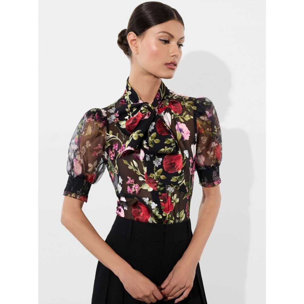 Alice + Olivia Black Sheer Floral Tie-Neck Blouse